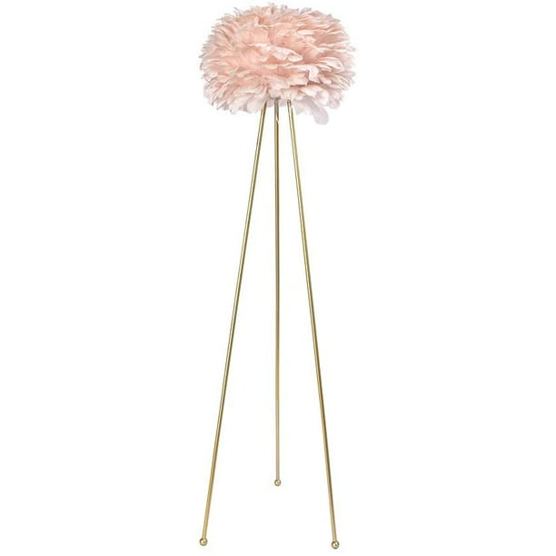 Maxax Feather Floor Lamp Standing Light for Bedrooms/Dining Room/Living Room/Kitchen,Gold Classic Tripod Floor Lamp with Pink Feather Shade 